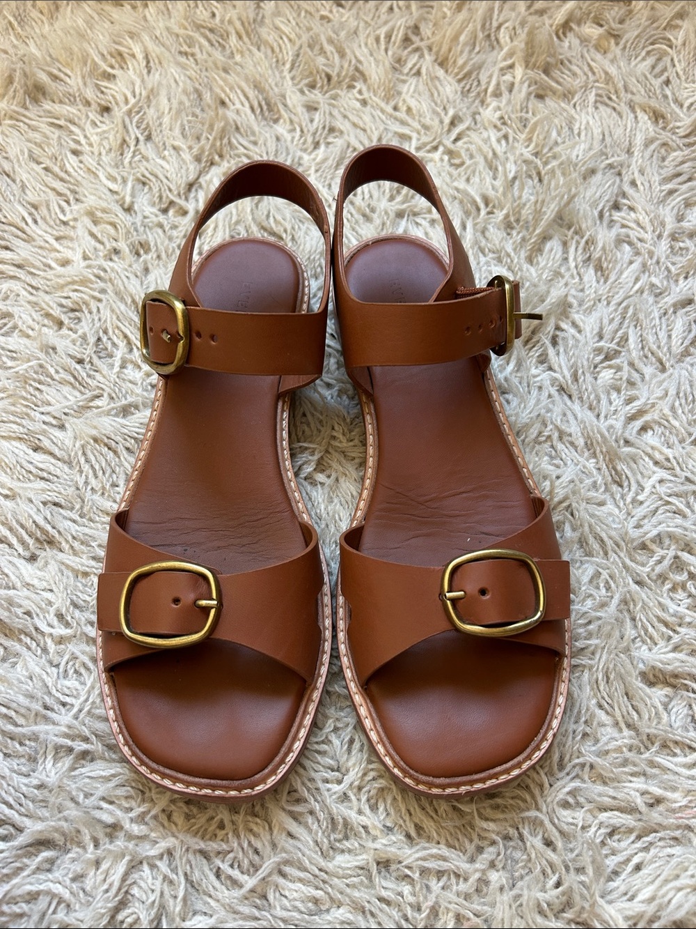 Everlane Tan Leather Twin Buckle Sandals